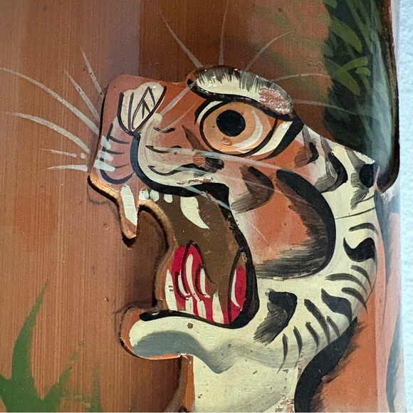 Vintage hand-painted tiger on bamboo Hakone, Japan mid-century tourist art - Picture 5 of 9